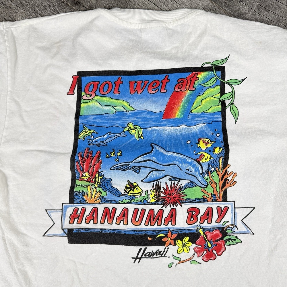 VNTG 90's Hawaii Hanamua Bay Tourist T-Shirt Dolphin Nature Single Stitch XL